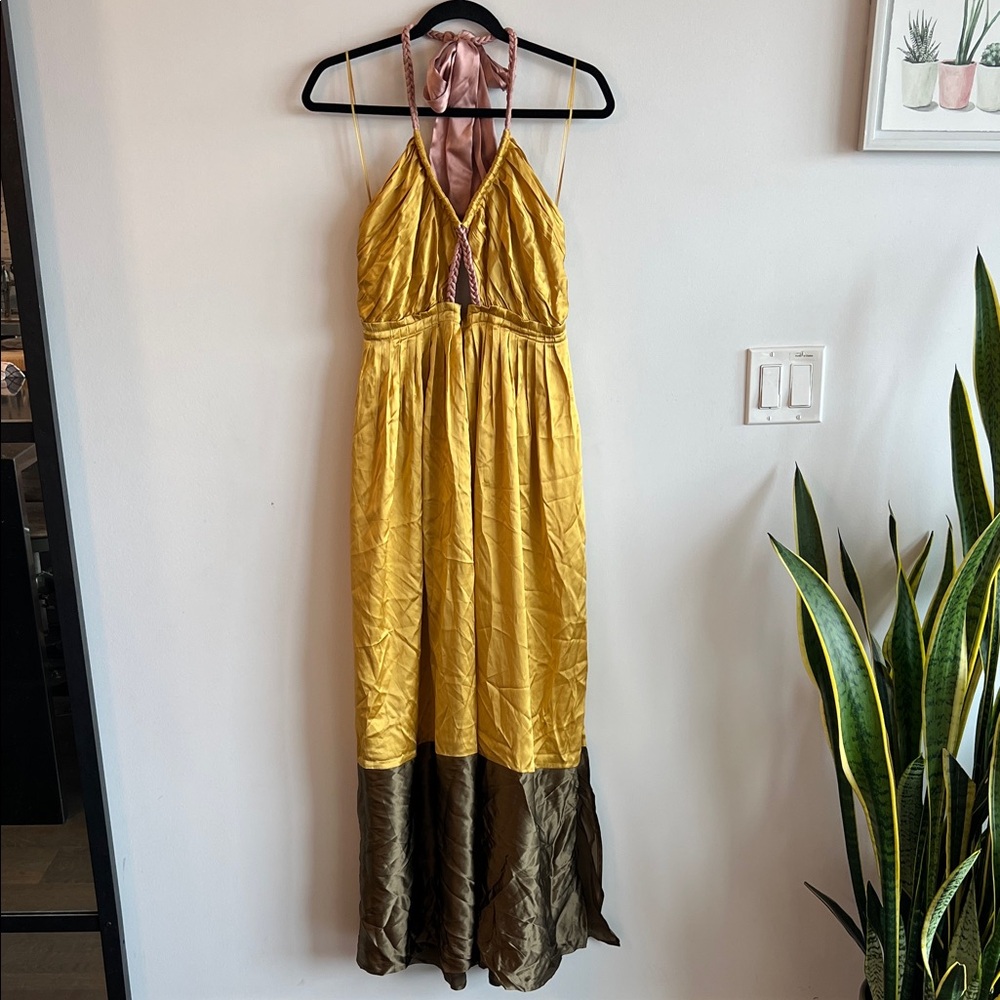 Anthropologie Gold 100% Silk Maxi Dress